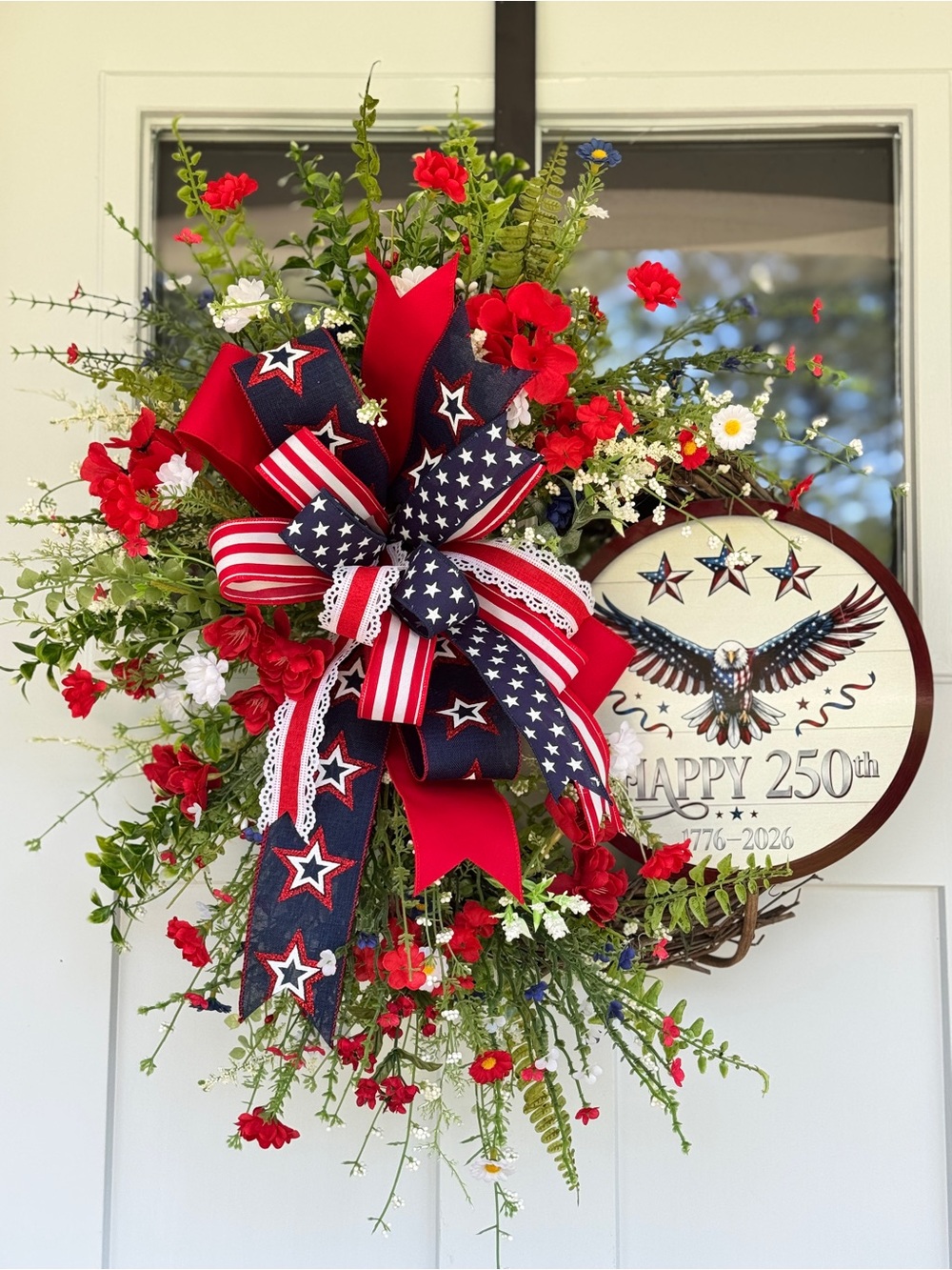 250th Anniversary Patriotic Red, White & Blue Floral Wreath
